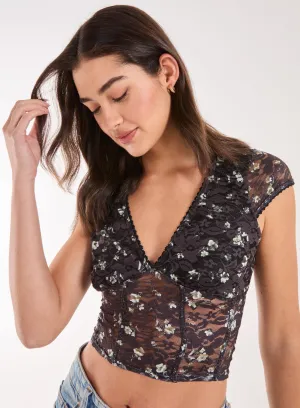 Ditsy Lace Print Cap Sleeve Top