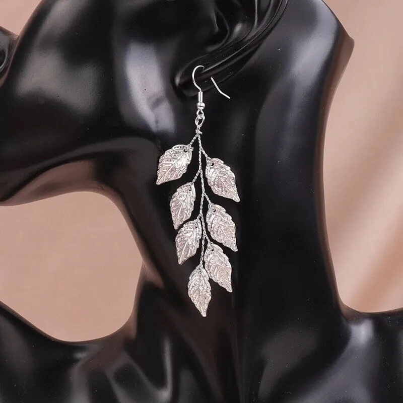 Embossed Metal Leaf Dangle Earrings, Bridal Leaf Fashion Earrings, Boho Wedding Gold Leaf Earrings