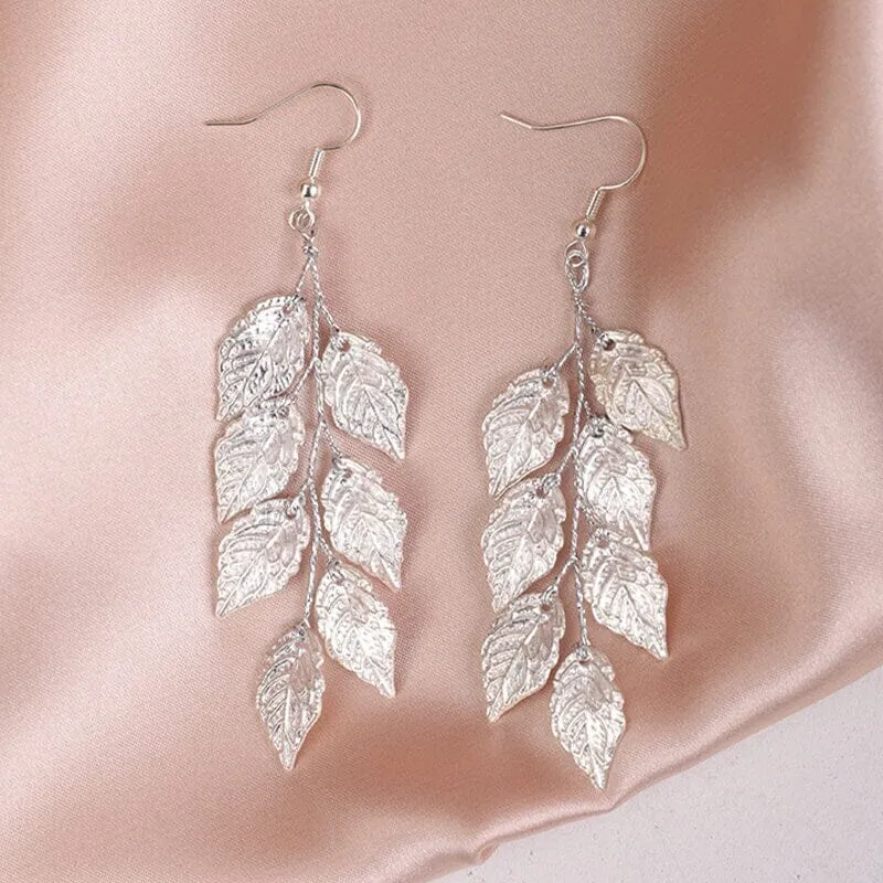 Embossed Metal Leaf Dangle Earrings, Bridal Leaf Fashion Earrings, Boho Wedding Gold Leaf Earrings