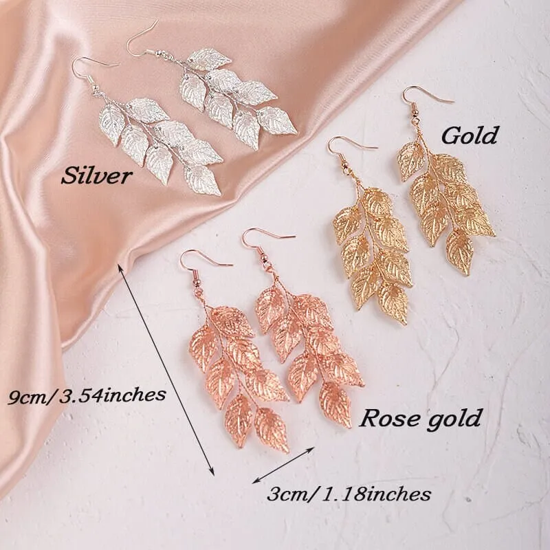 Embossed Metal Leaf Dangle Earrings, Bridal Leaf Fashion Earrings, Boho Wedding Gold Leaf Earrings
