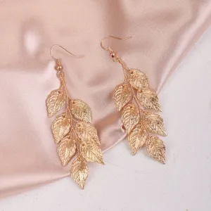 Embossed Metal Leaf Dangle Earrings, Bridal Leaf Fashion Earrings, Boho Wedding Gold Leaf Earrings