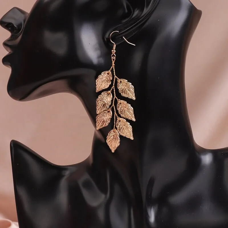 Embossed Metal Leaf Dangle Earrings, Bridal Leaf Fashion Earrings, Boho Wedding Gold Leaf Earrings