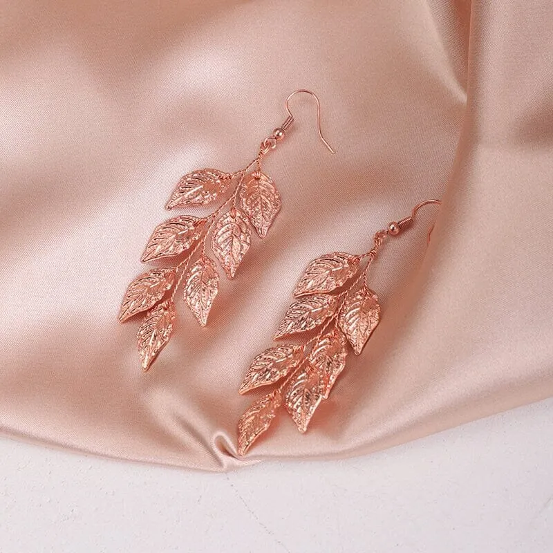 Embossed Metal Leaf Dangle Earrings, Bridal Leaf Fashion Earrings, Boho Wedding Gold Leaf Earrings