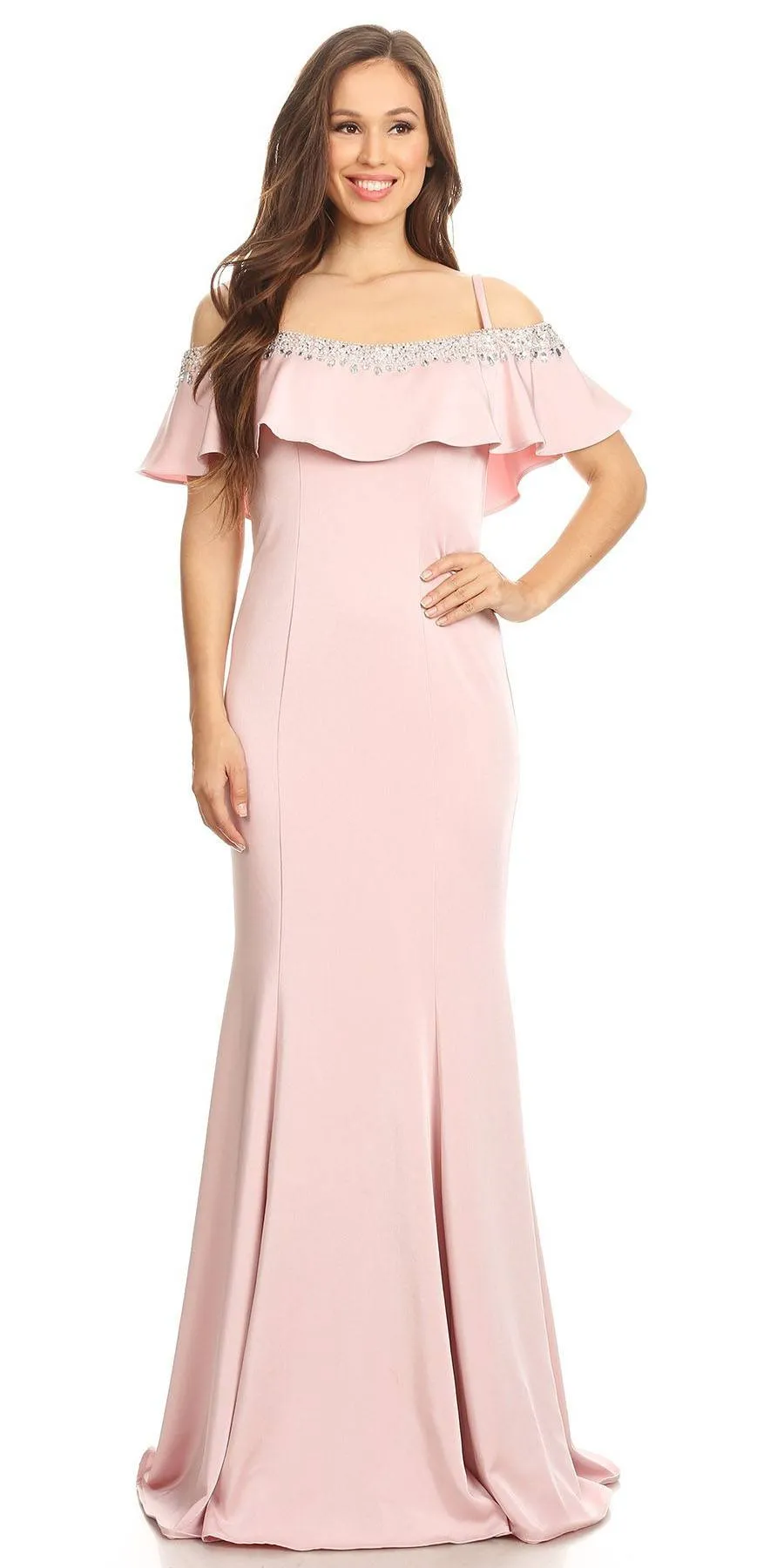 Eureka 7333 Embellished Cold-Shoulder Long Dress