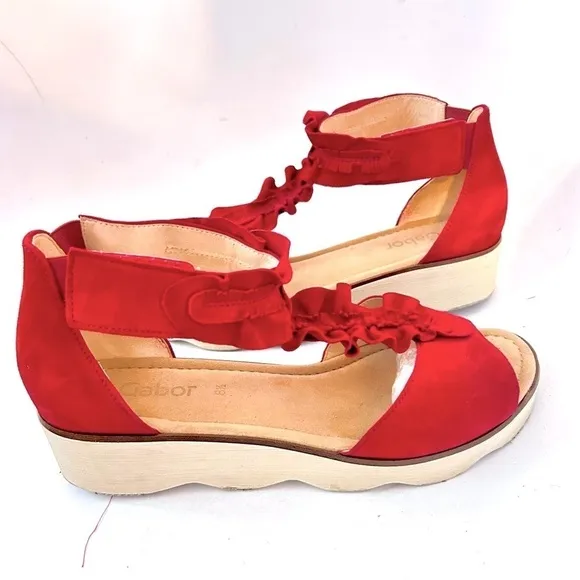 GABOR Olin Ruffled Suede Leather T-Strap Comfort Wedge Sandal Size us 10.5 / 11