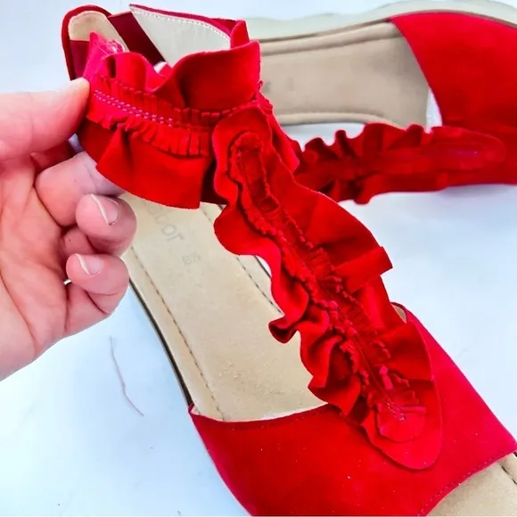 GABOR Olin Ruffled Suede Leather T-Strap Comfort Wedge Sandal Size us 10.5 / 11
