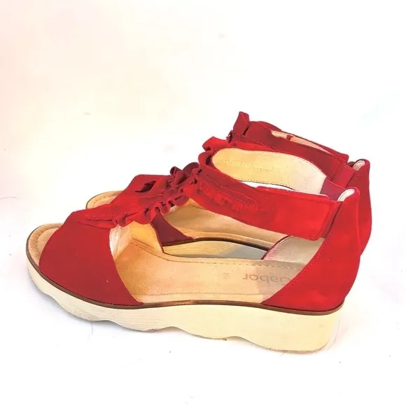 GABOR Olin Ruffled Suede Leather T-Strap Comfort Wedge Sandal Size us 10.5 / 11