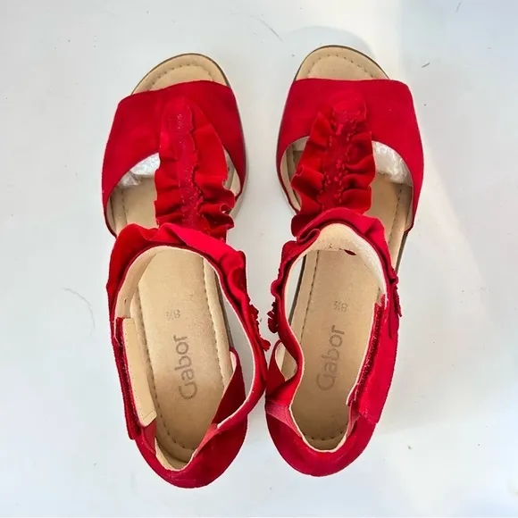 GABOR Olin Ruffled Suede Leather T-Strap Comfort Wedge Sandal Size us 10.5 / 11