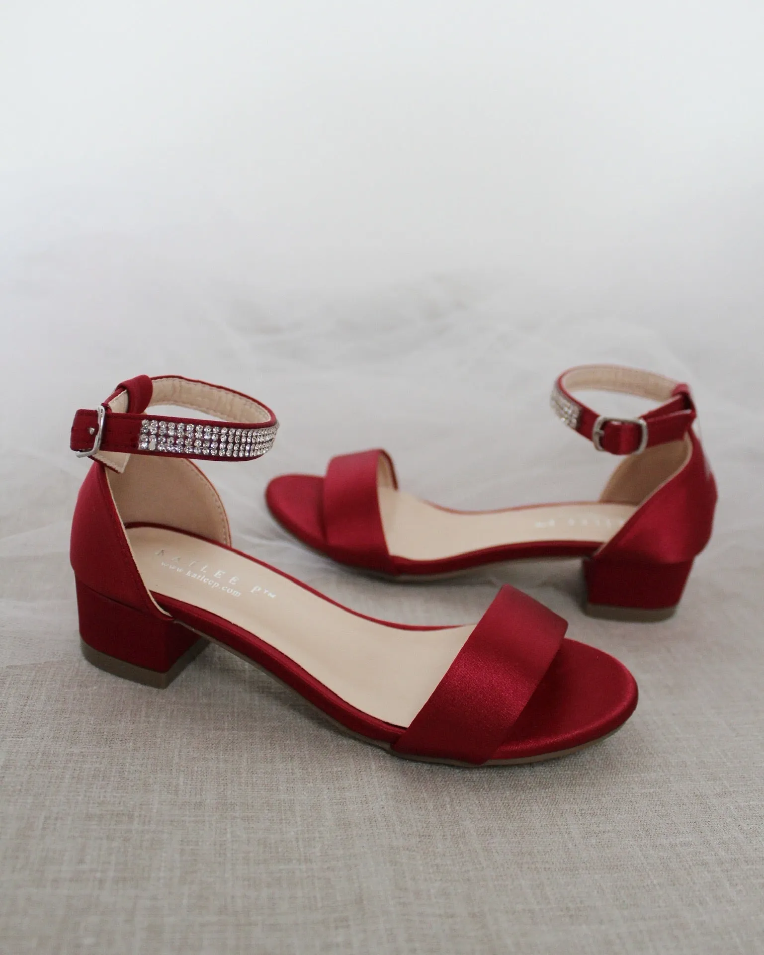 Girls Satin Block Heel Sandals with Embellished Ankle Strap