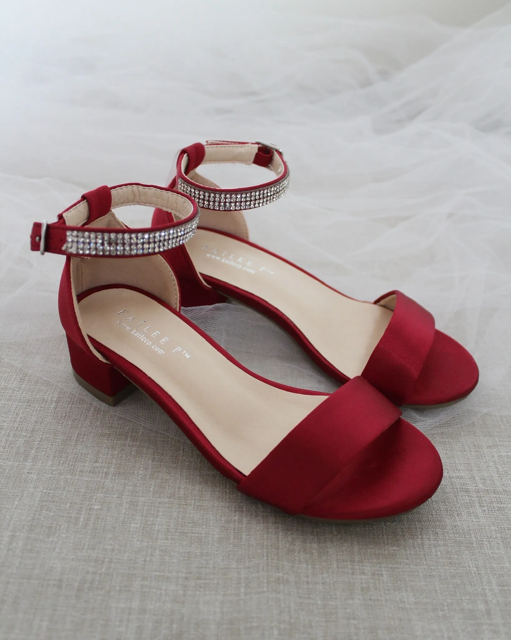 Girls Satin Block Heel Sandals with Embellished Ankle Strap