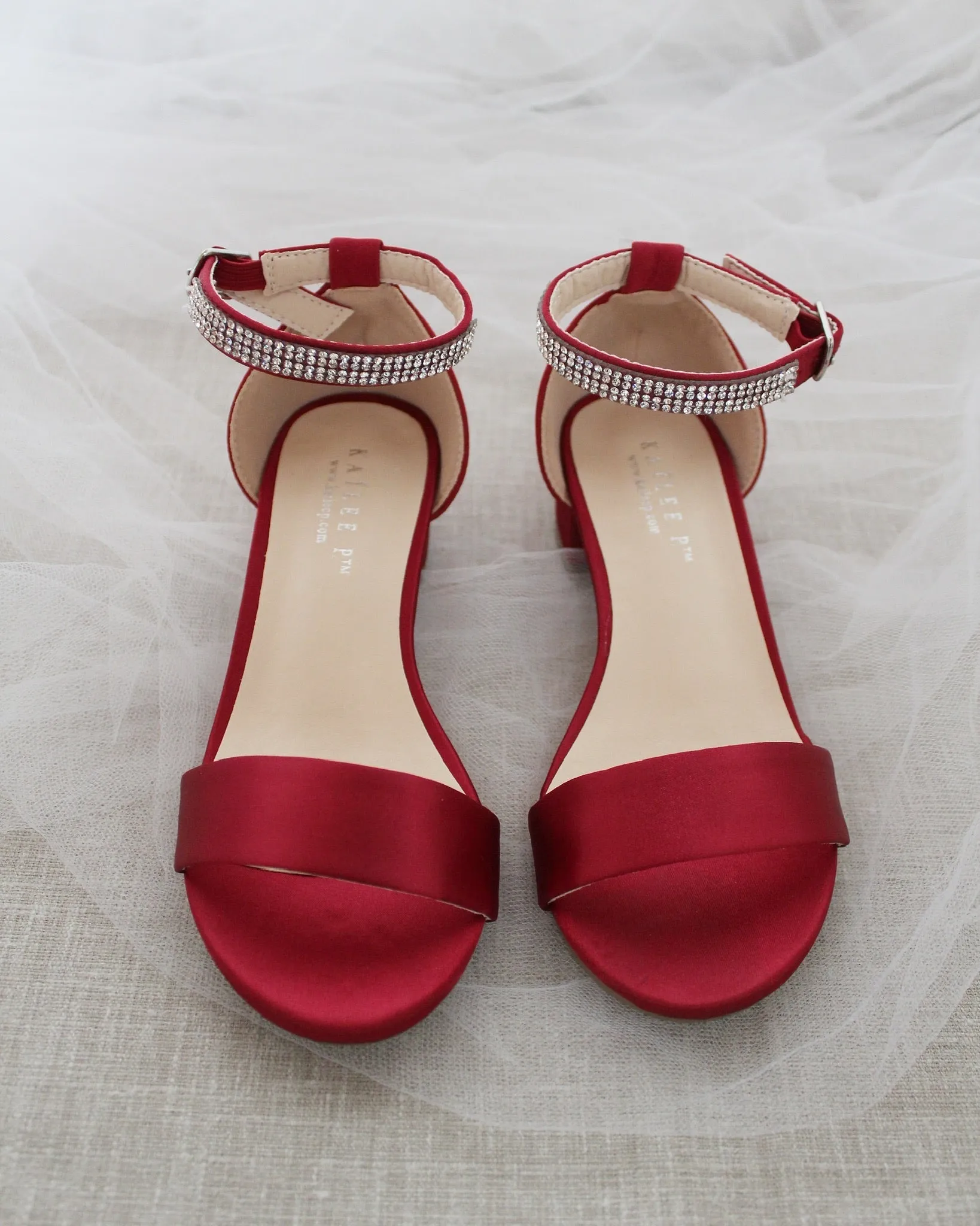 Girls Satin Block Heel Sandals with Embellished Ankle Strap