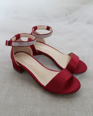 Girls Satin Block Heel Sandals with Embellished Ankle Strap