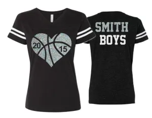 Glitter Basketball Heart Shirt | Basketball Tshirts | Two Numbers | Basketball Mom Shirts | V Neck Short Sleeve Shirt | Customize