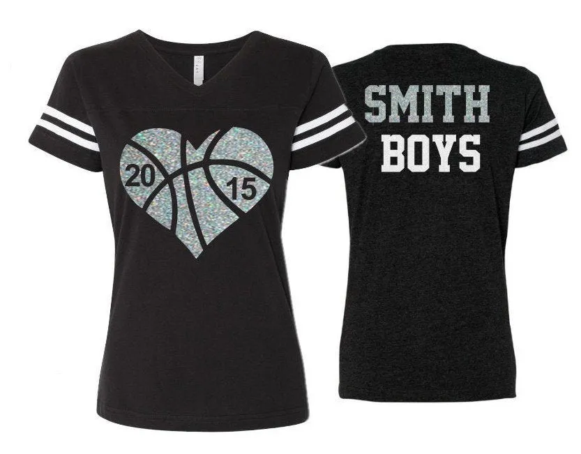 Glitter Basketball Heart Shirt | Basketball Tshirts | Two Numbers | Basketball Mom Shirts | V Neck Short Sleeve Shirt | Customize