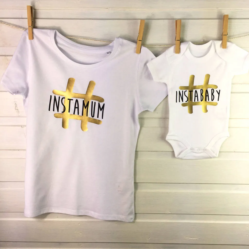 Gold Foiled Instamum And Baby Mother And Child T Shirt Set