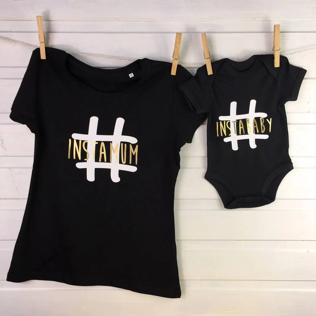 Gold Foiled Instamum And Baby Mother And Child T Shirt Set