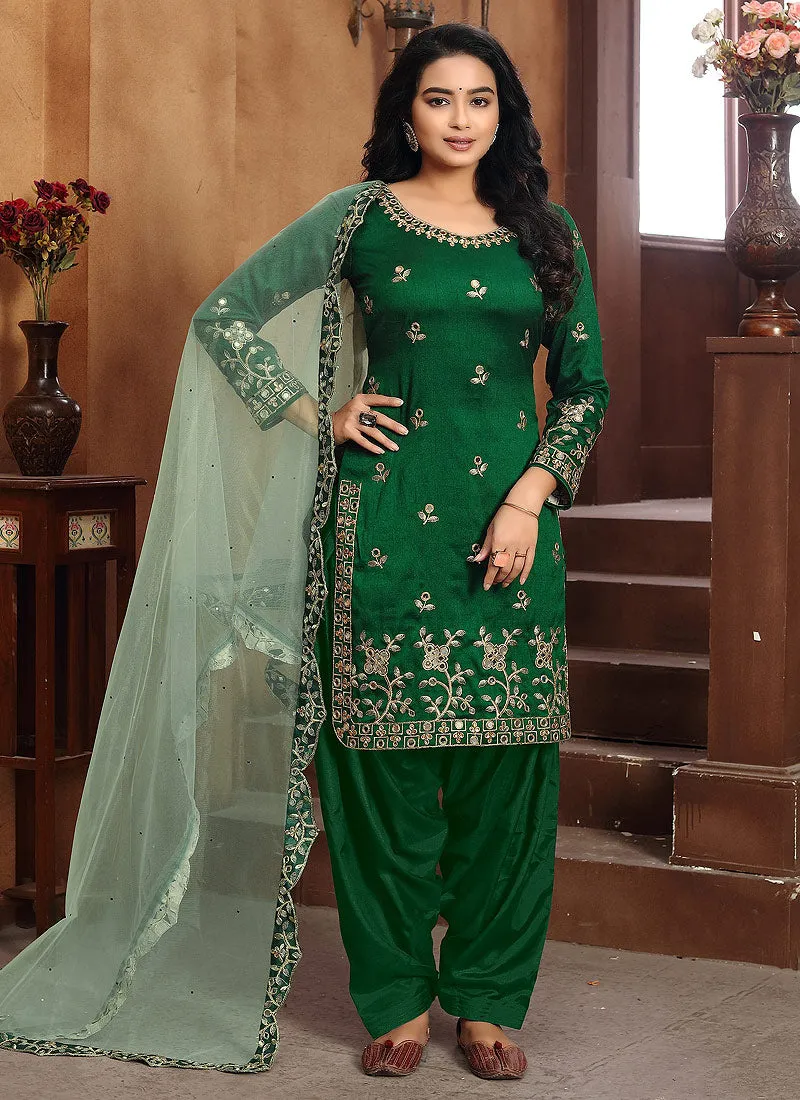 Green Mirror work Embroidered Punjabi Suit