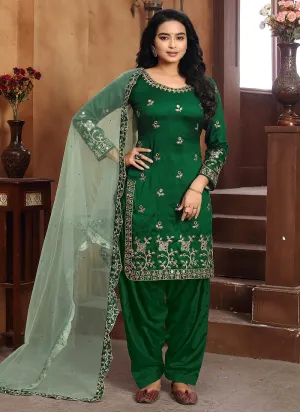 Green Mirror work Embroidered Punjabi Suit