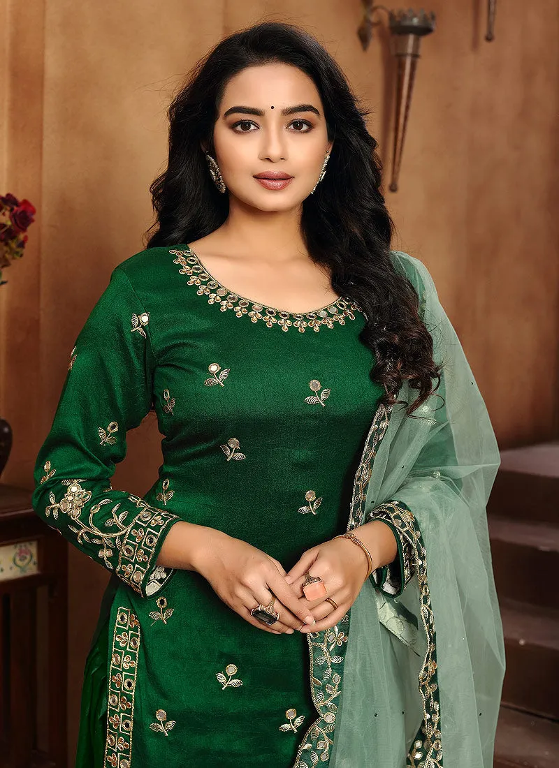 Green Mirror work Embroidered Punjabi Suit