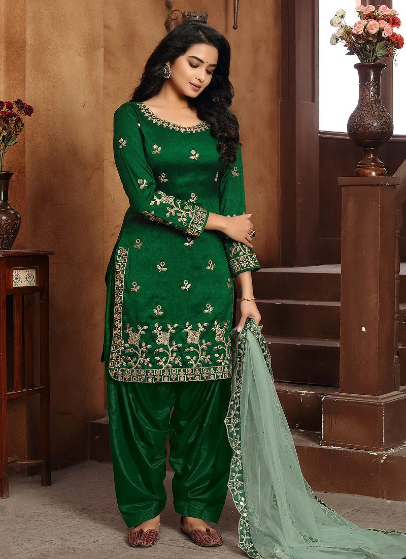 Green Mirror work Embroidered Punjabi Suit