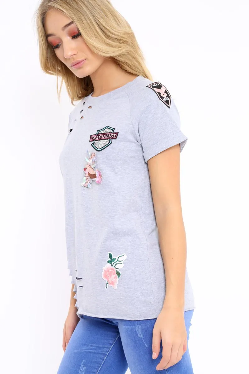 Grey Distressed Embellished T-Shirt - Arya