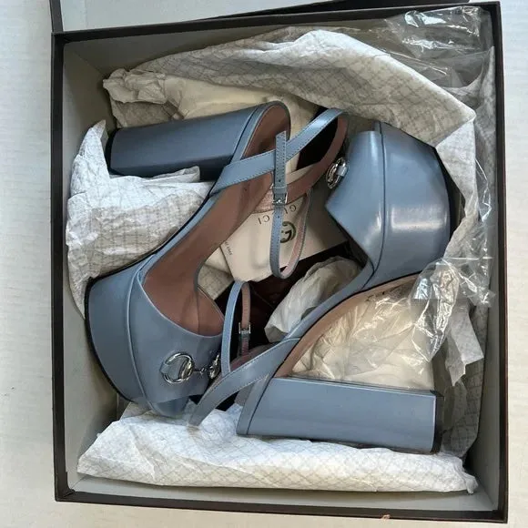 Gucci Blue Horsebit Platform Ankle Strap Sandals Open Toe