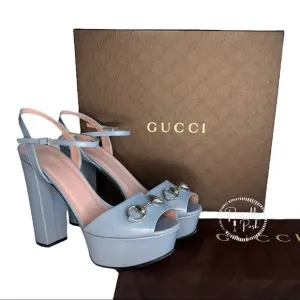 Gucci Blue Horsebit Platform Ankle Strap Sandals Open Toe