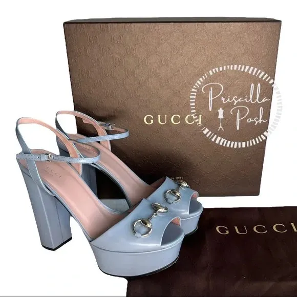 Gucci Blue Horsebit Platform Ankle Strap Sandals Open Toe