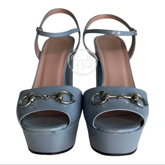 Gucci Blue Horsebit Platform Ankle Strap Sandals Open Toe