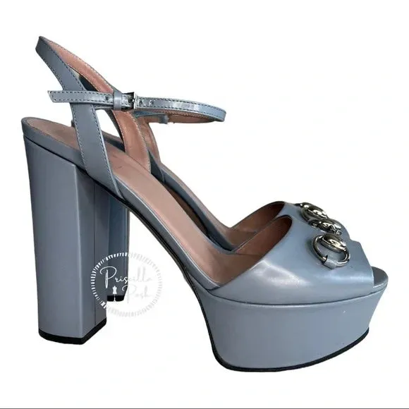 Gucci Blue Horsebit Platform Ankle Strap Sandals Open Toe
