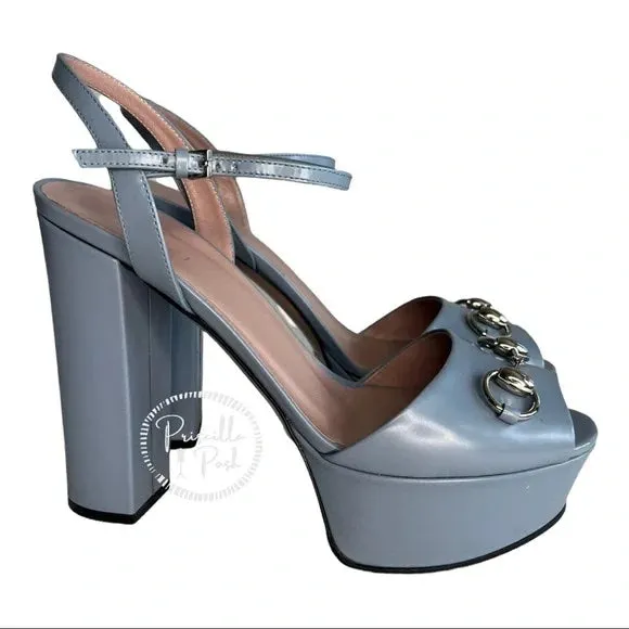 Gucci Blue Horsebit Platform Ankle Strap Sandals Open Toe