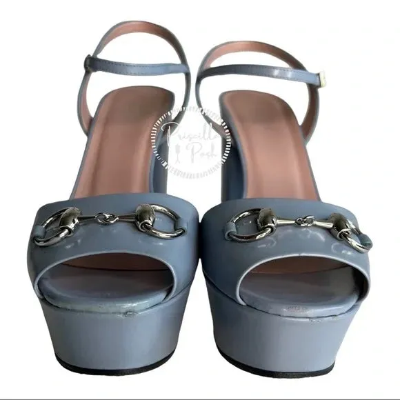 Gucci Blue Horsebit Platform Ankle Strap Sandals Open Toe