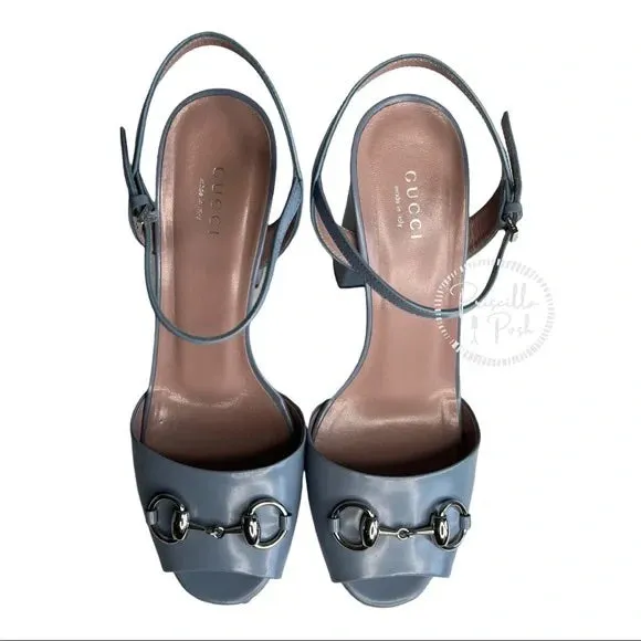 Gucci Blue Horsebit Platform Ankle Strap Sandals Open Toe