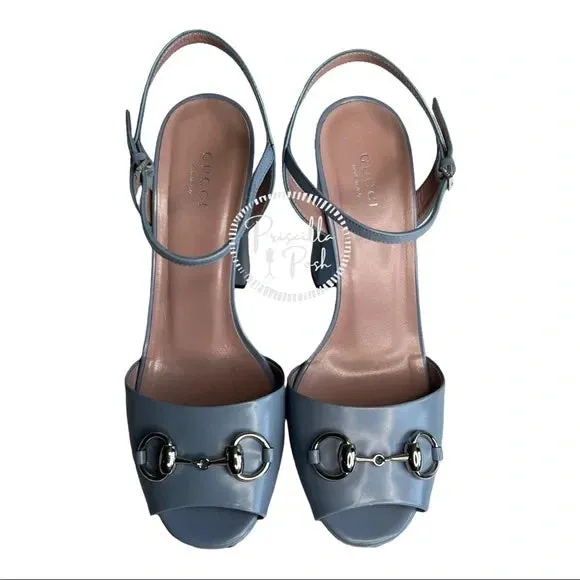 Gucci Blue Horsebit Platform Ankle Strap Sandals Open Toe
