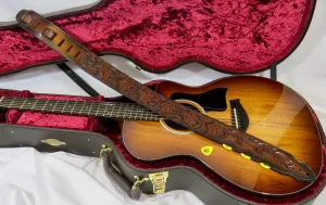 Hand Tooled Leather Guitar Strap, 3 Pick Holders, 2 1/4" wide.