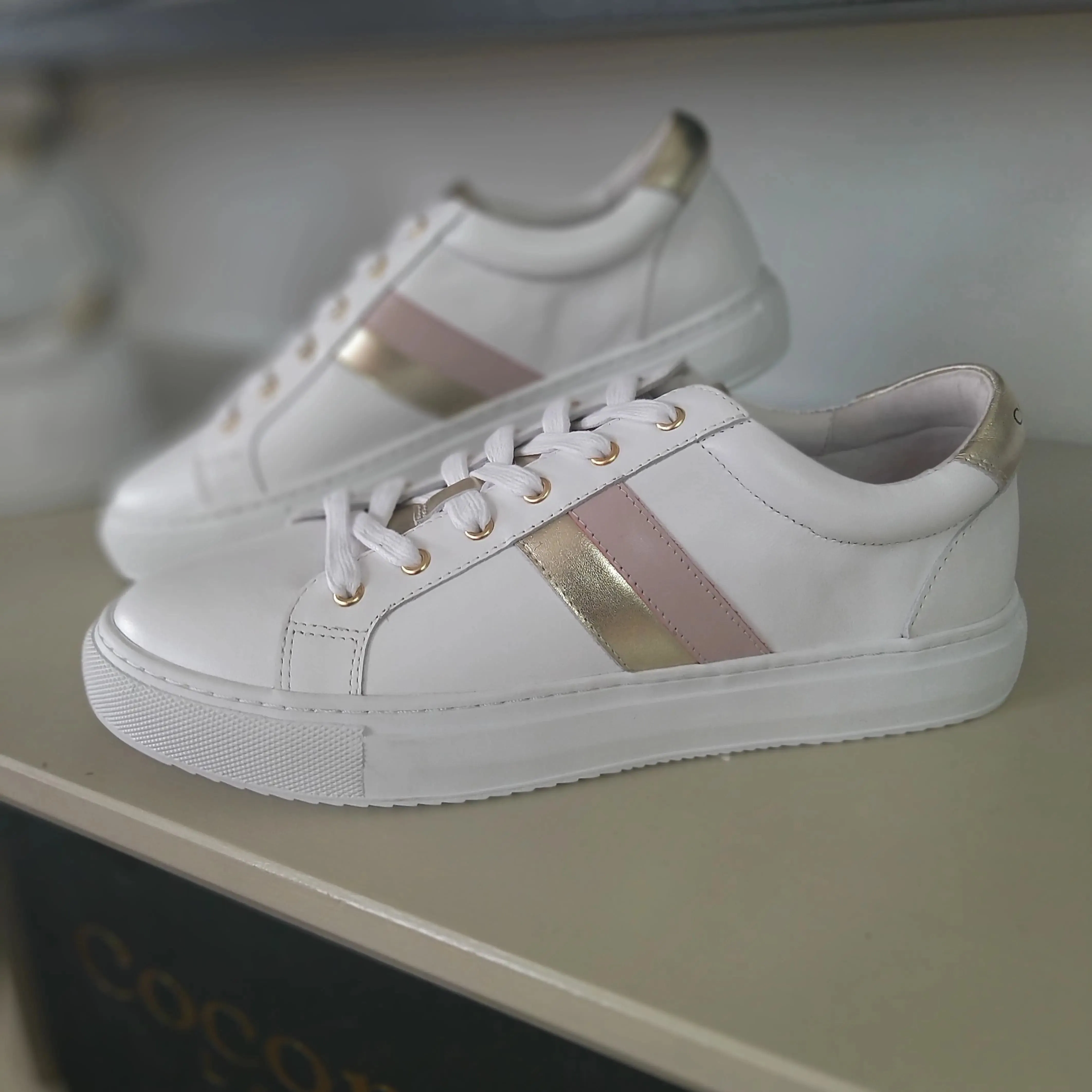 Hoxton - Stripes Pink & Gold Leather Trainers