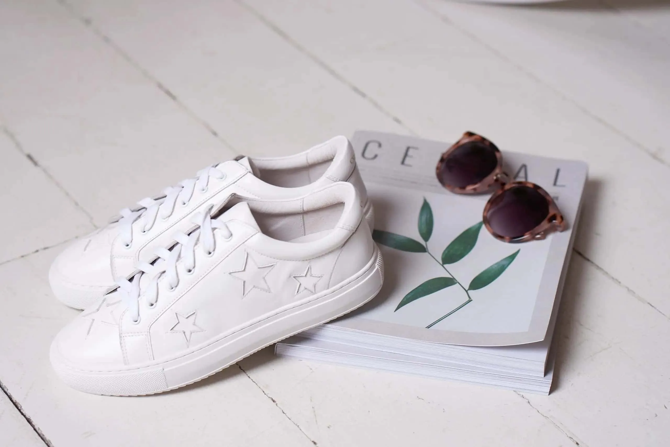 Hoxton - White with White Stars Leather Trainers