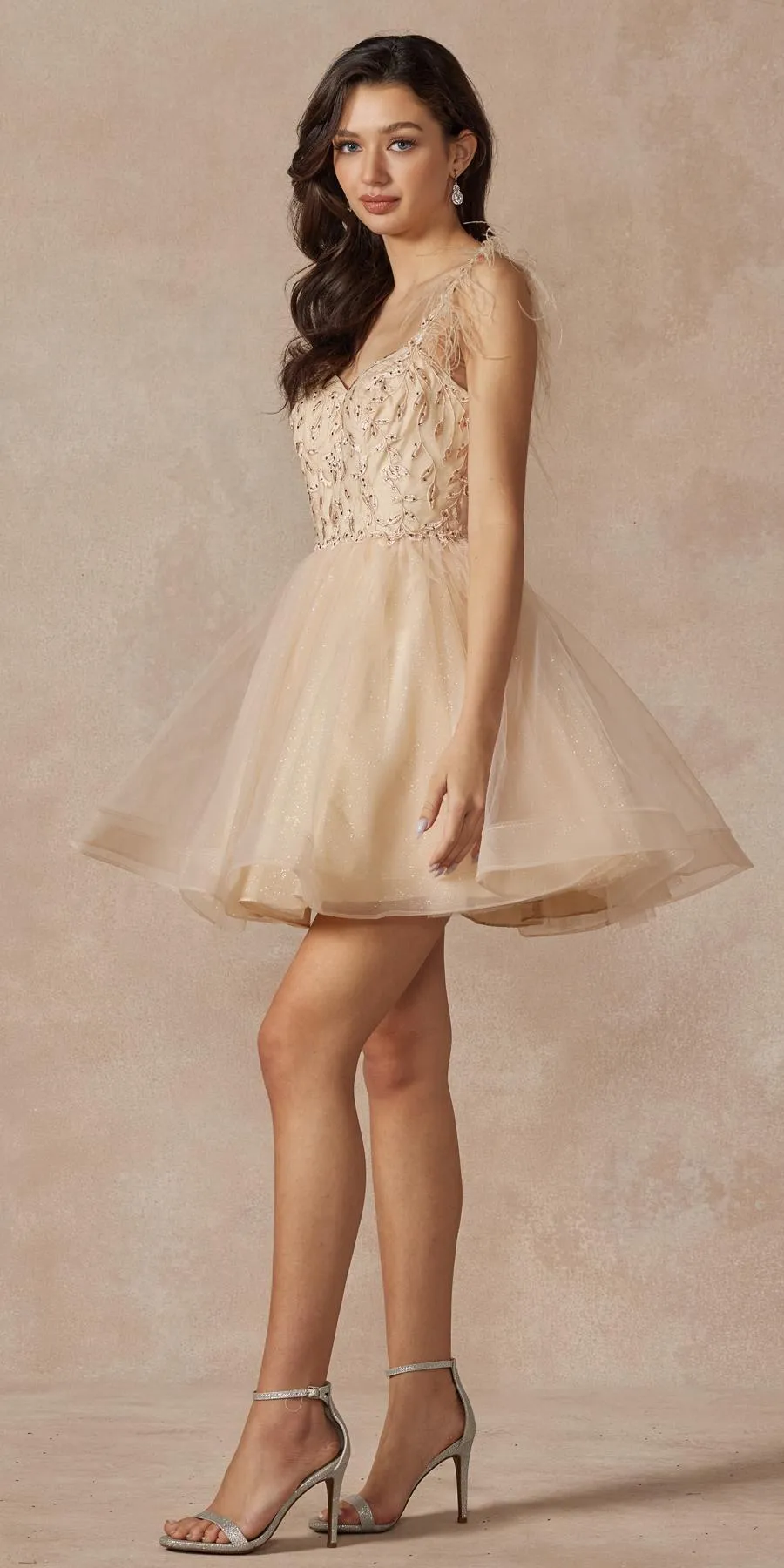 Juliet 881 Feather Straps Sheer Bodice Short A-line Tulle Dress
