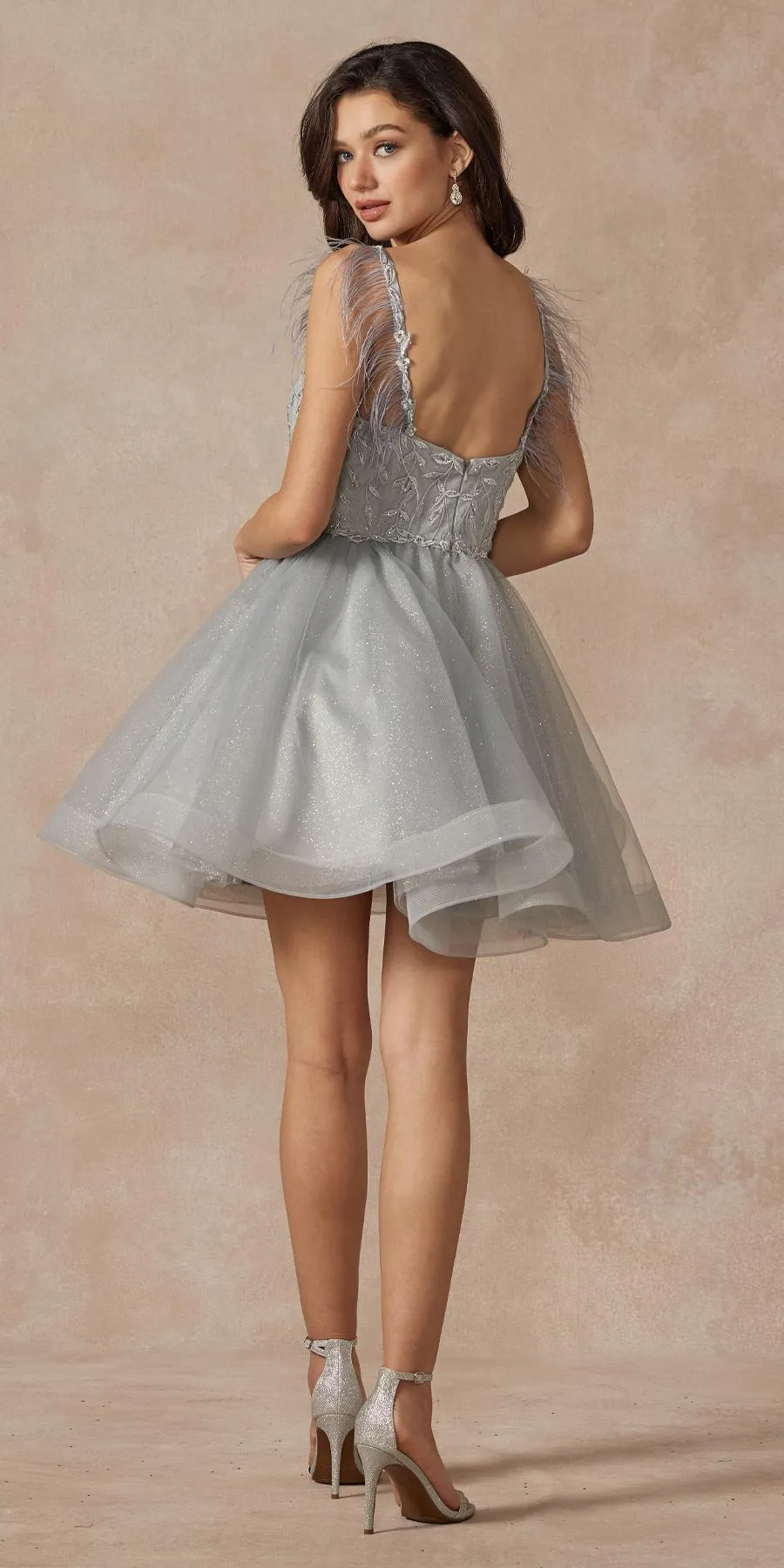 Juliet 881 Feather Straps Sheer Bodice Short A-line Tulle Dress