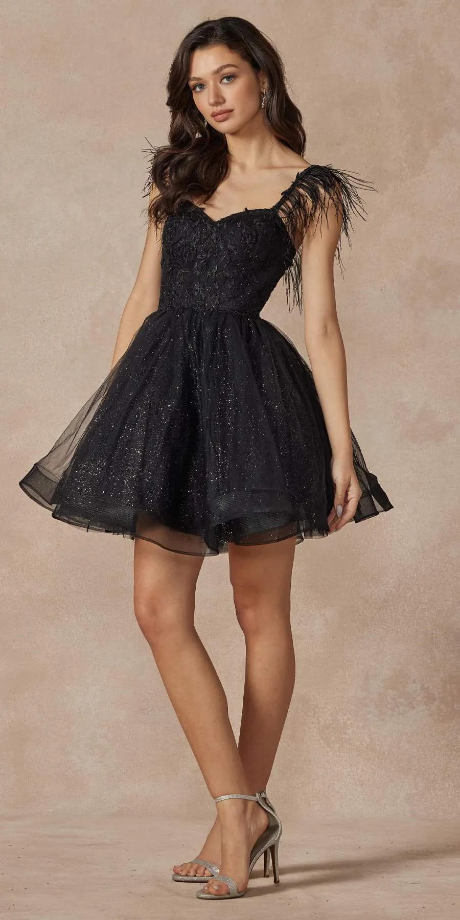 Juliet 881 Feather Straps Sheer Bodice Short A-line Tulle Dress