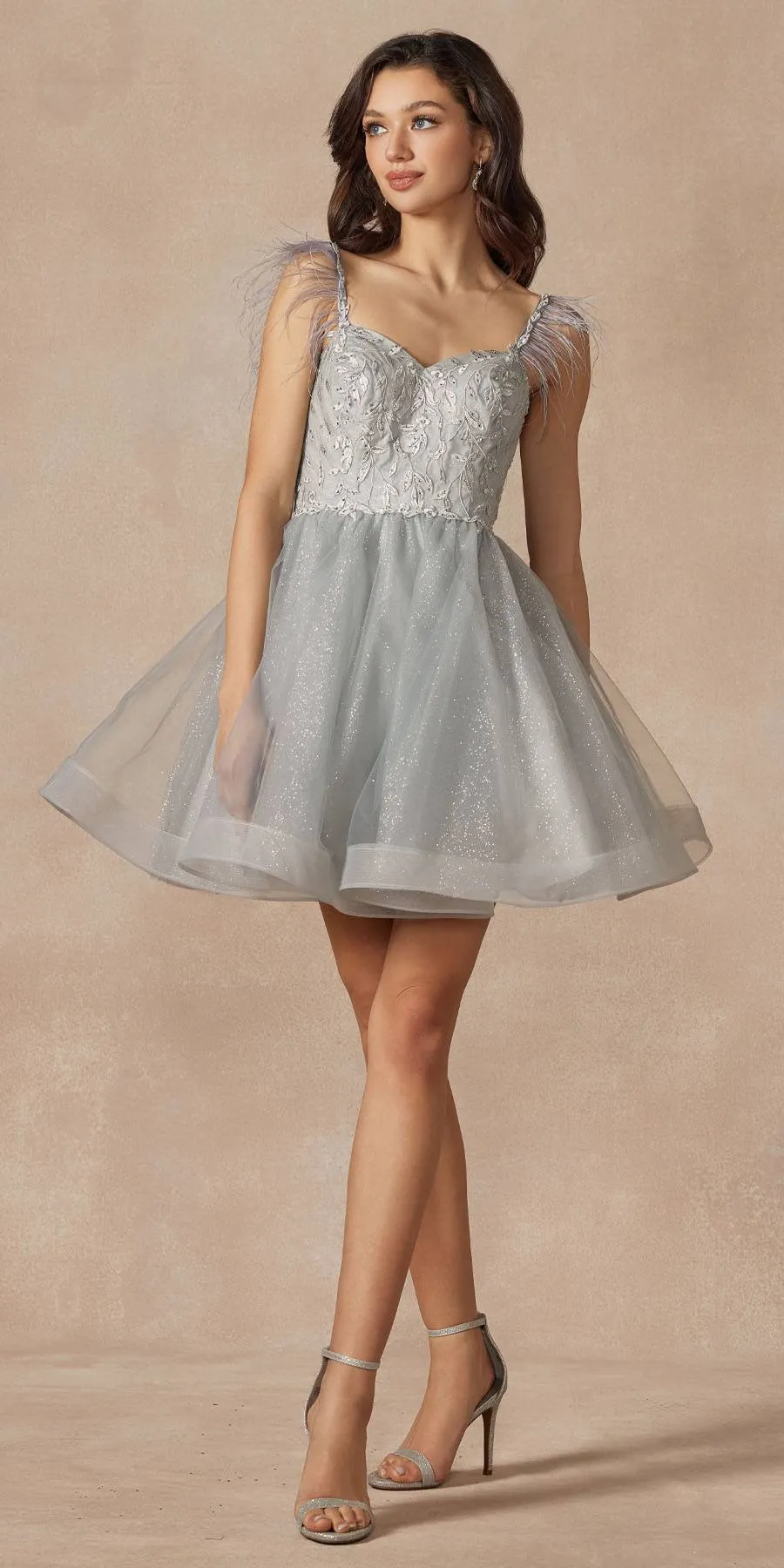 Juliet 881 Feather Straps Sheer Bodice Short A-line Tulle Dress