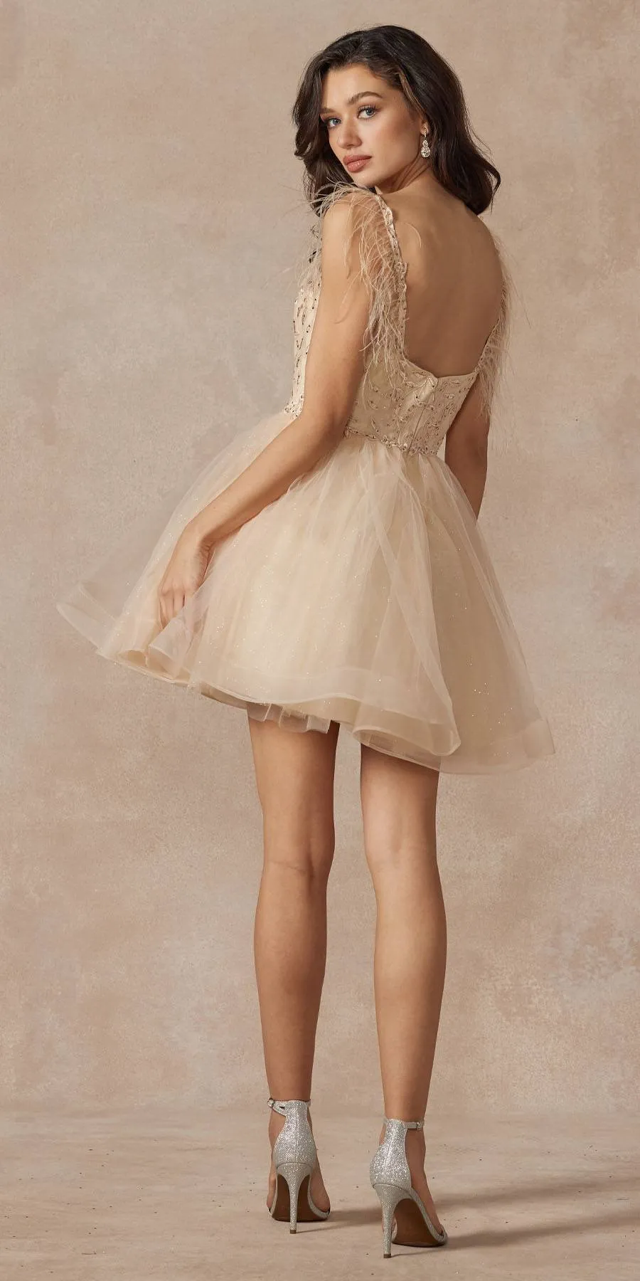 Juliet 881 Feather Straps Sheer Bodice Short A-line Tulle Dress