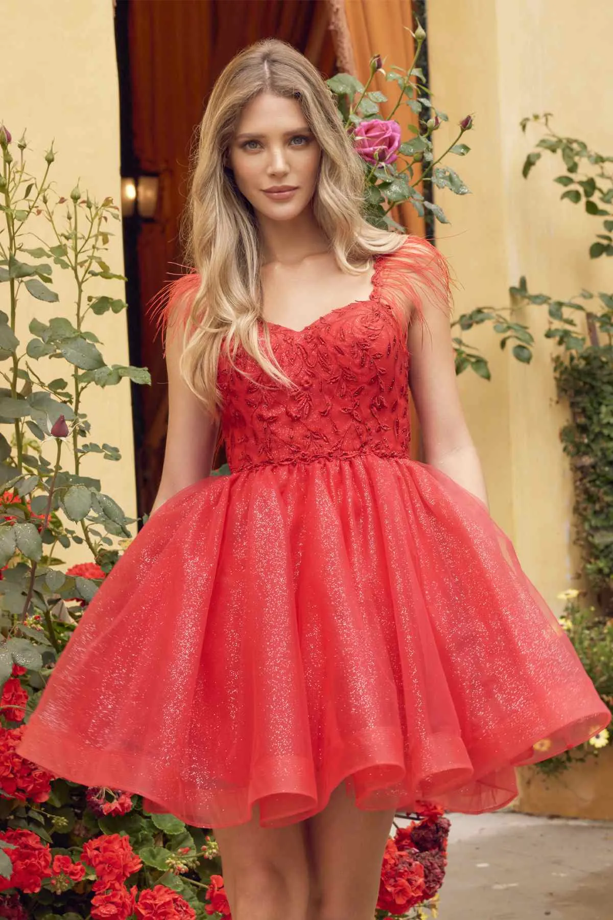 Juliet 881 Feather Straps Sheer Bodice Short A-line Tulle Dress