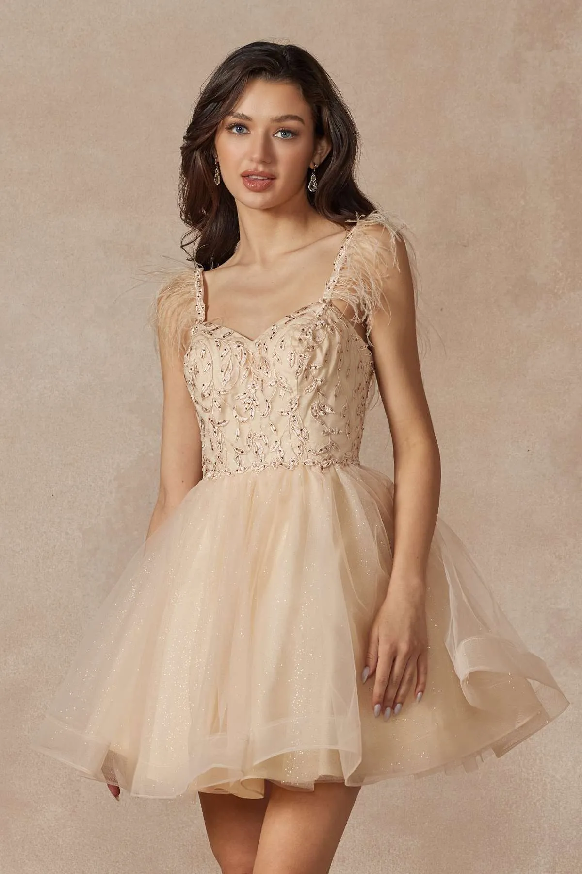 Juliet 881 Feather Straps Sheer Bodice Short A-line Tulle Dress