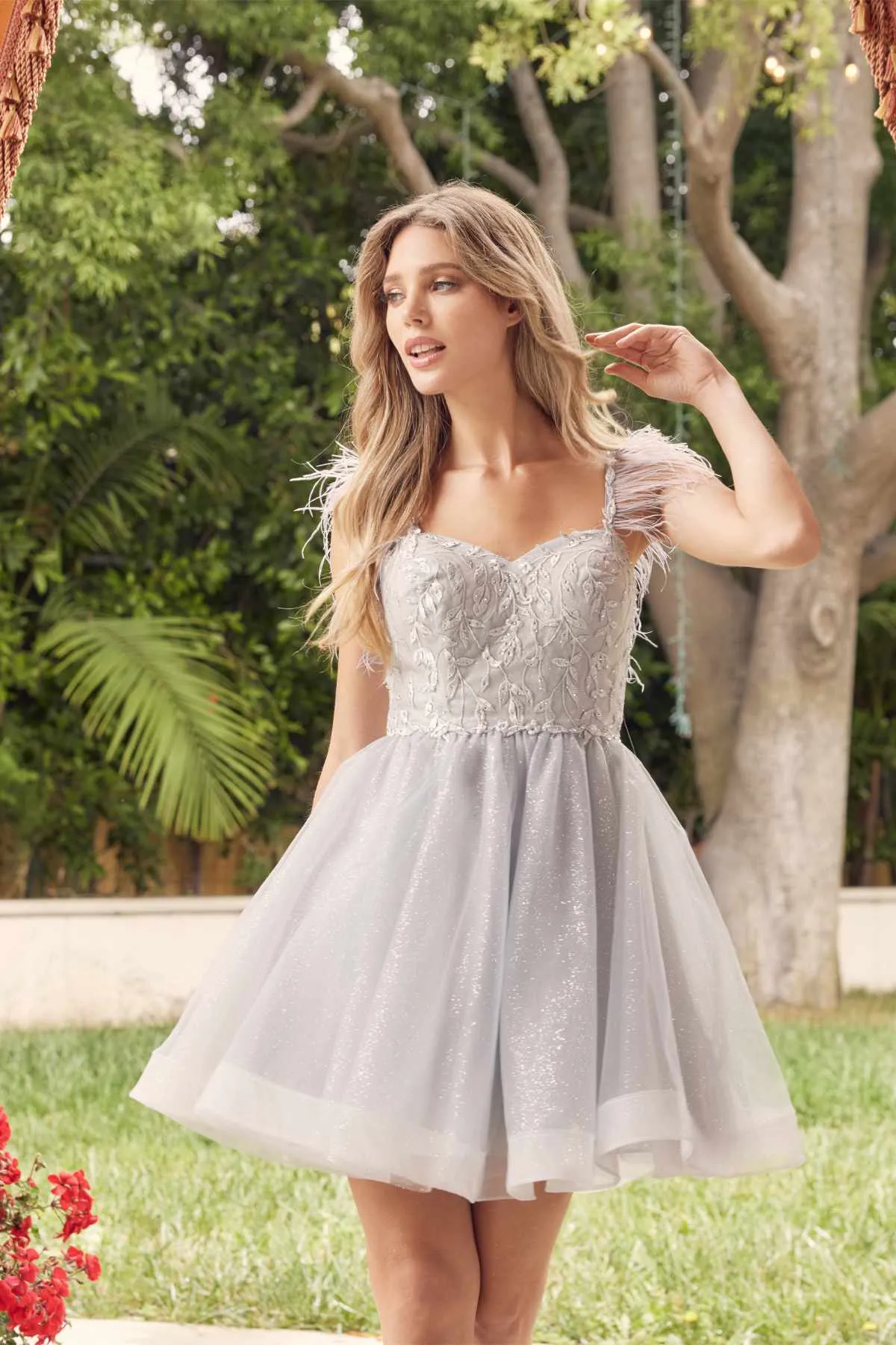Juliet 881 Feather Straps Sheer Bodice Short A-line Tulle Dress