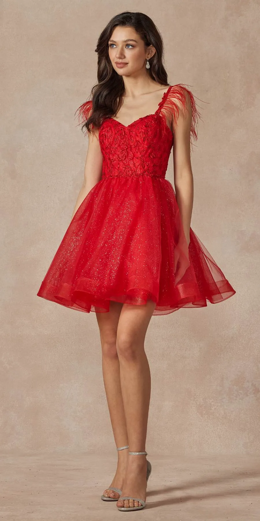 Juliet 881 Feather Straps Sheer Bodice Short A-line Tulle Dress