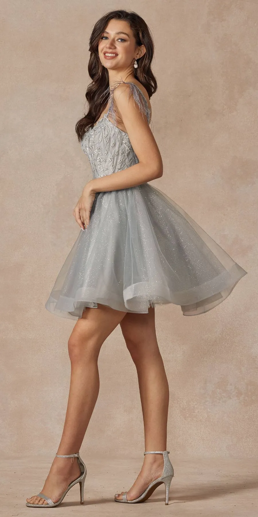 Juliet 881 Feather Straps Sheer Bodice Short A-line Tulle Dress