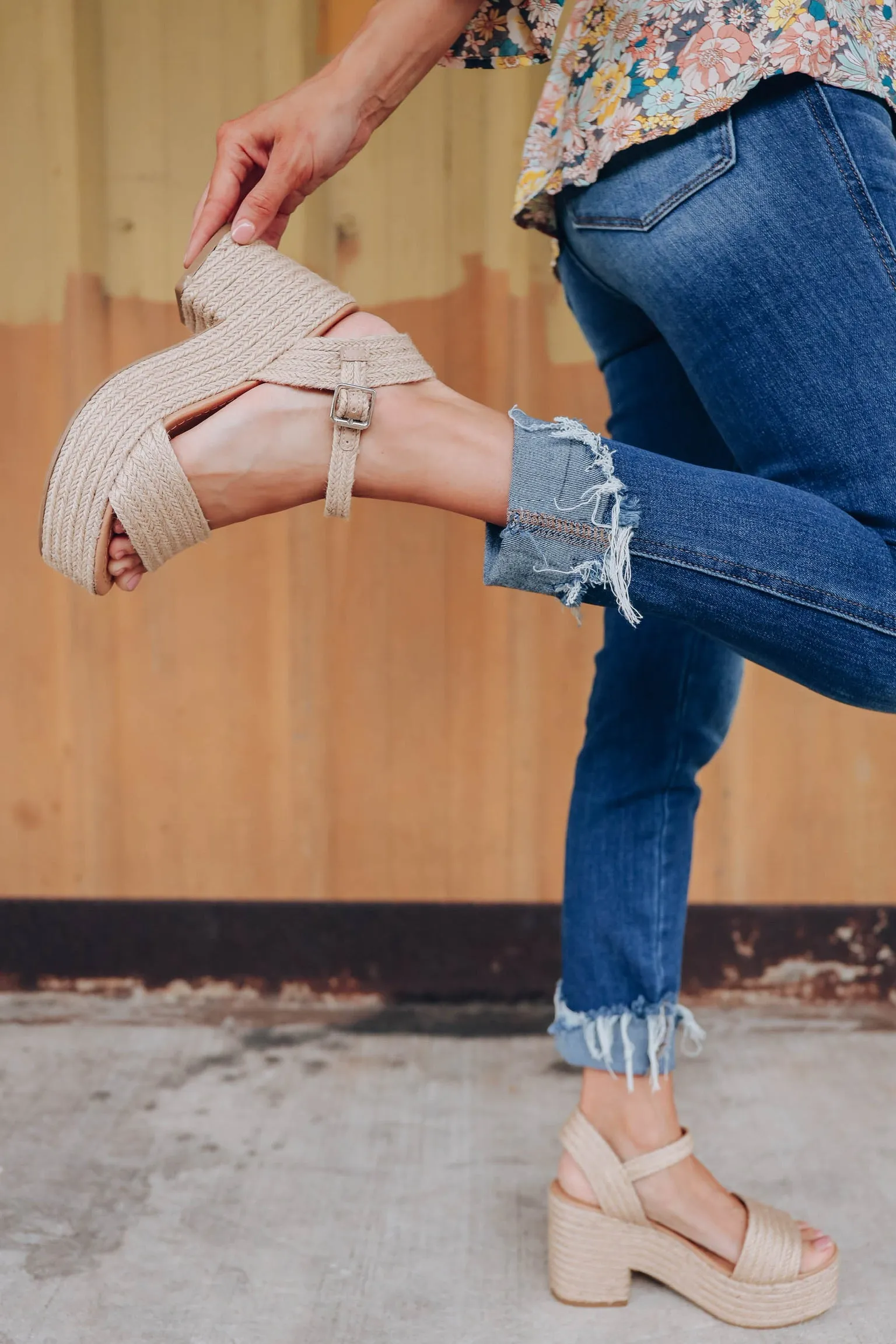 Jute One Band Block Heel - Lt Tan