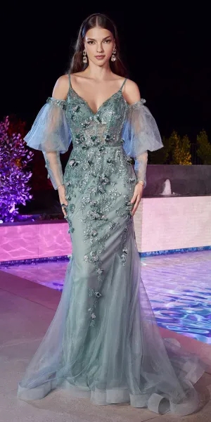 Ladivine CB121 Embellished Fitted Mermaid Gown with Puff Sleeves