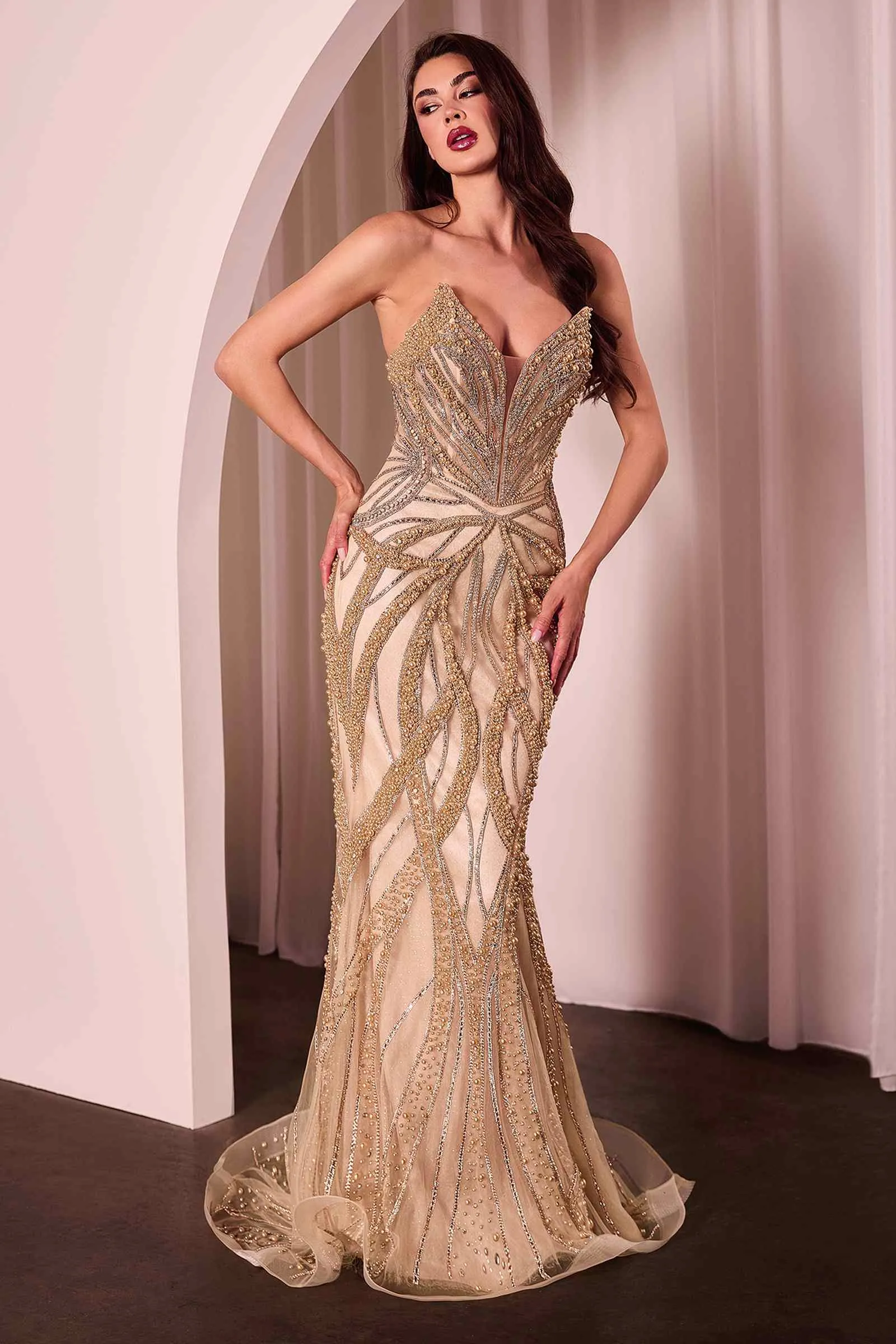 Ladivine CC0688 Dress Pearl and Crystal Strapless Fitted Gown